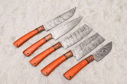 5 Pcs Custom Handmade Damascus Steel Chef Knife Set  Wood Handle  Professional Kitchen Knives 3