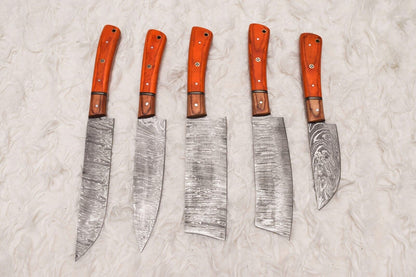 5 Pcs Custom Handmade Damascus Steel Chef Knife Set | Wood Handle | Professional Kitchen Knives