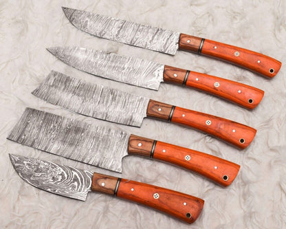 5 Pcs Custom Handmade Damascus Steel Chef Knife Set  Wood Handle  Professional Kitchen Knives 4