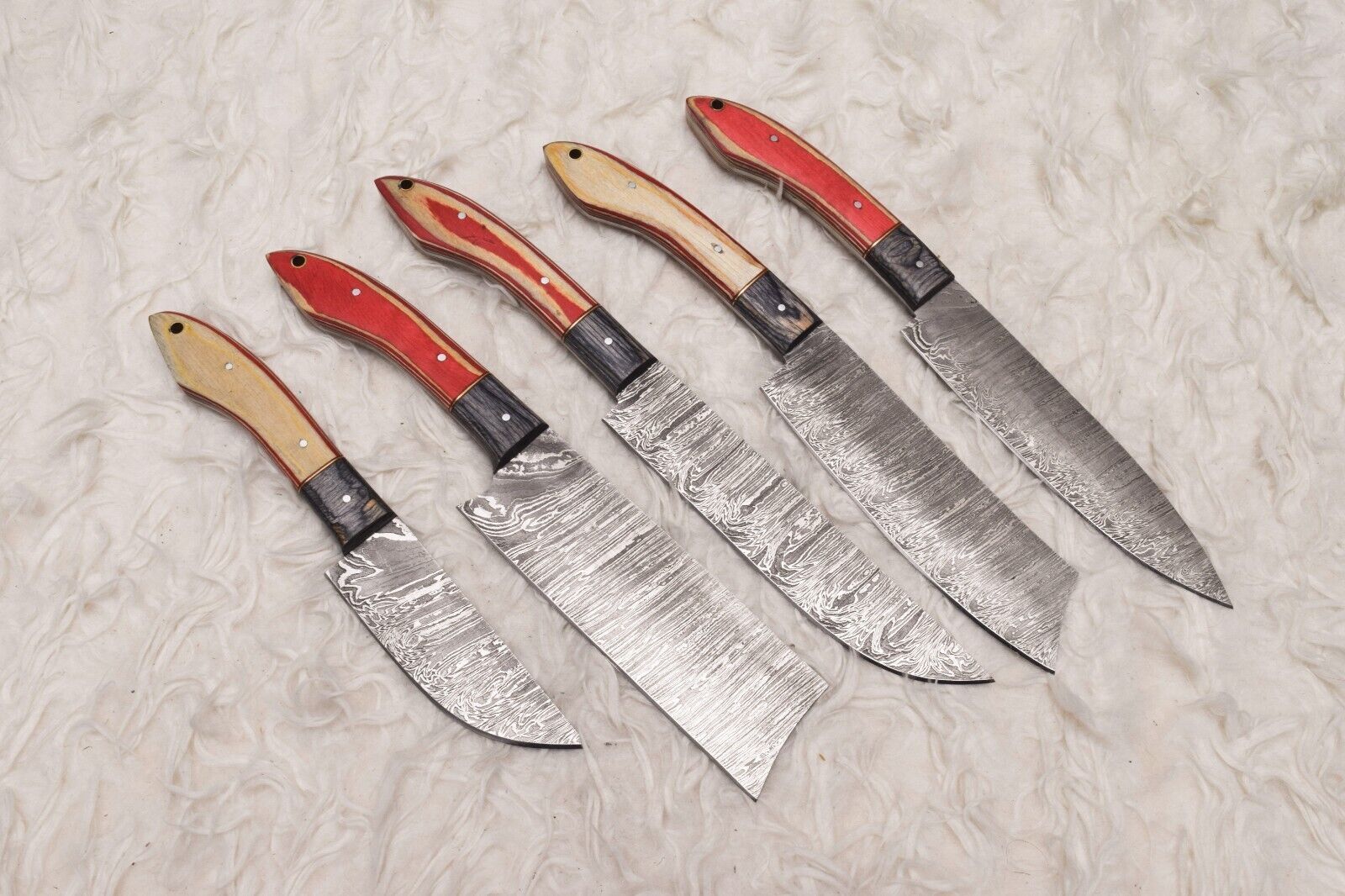 Artisan Handmade Damascus Steel Chef Knife Set of 5 | Wooden Handles