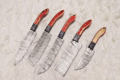 Artisan Handmade Damascus Steel Chef Knife Set Of 5  Wooden Handles 1