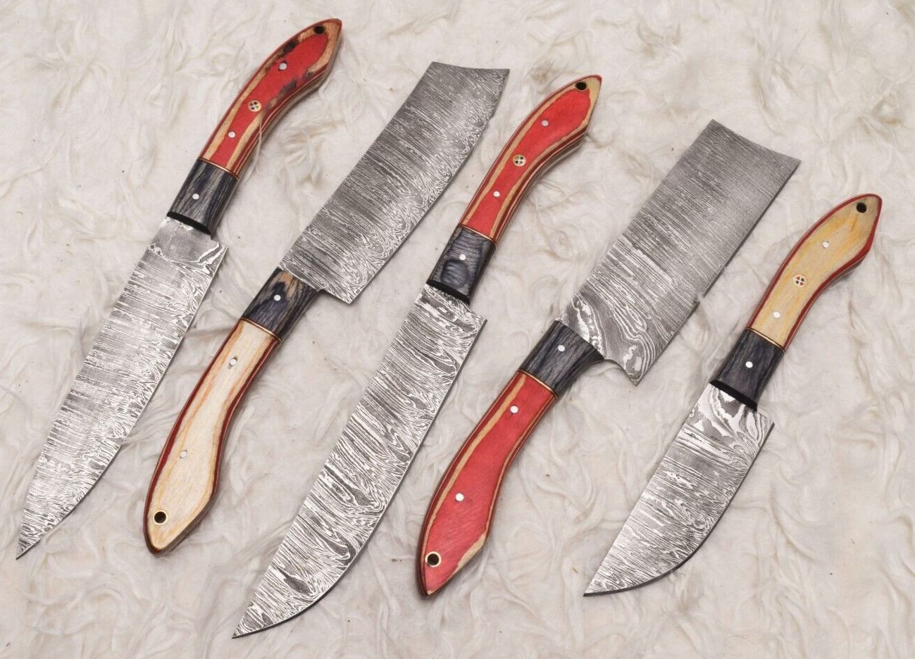 Artisan Handmade Damascus Steel Chef Knife Set Of 5  Wooden Handles 3