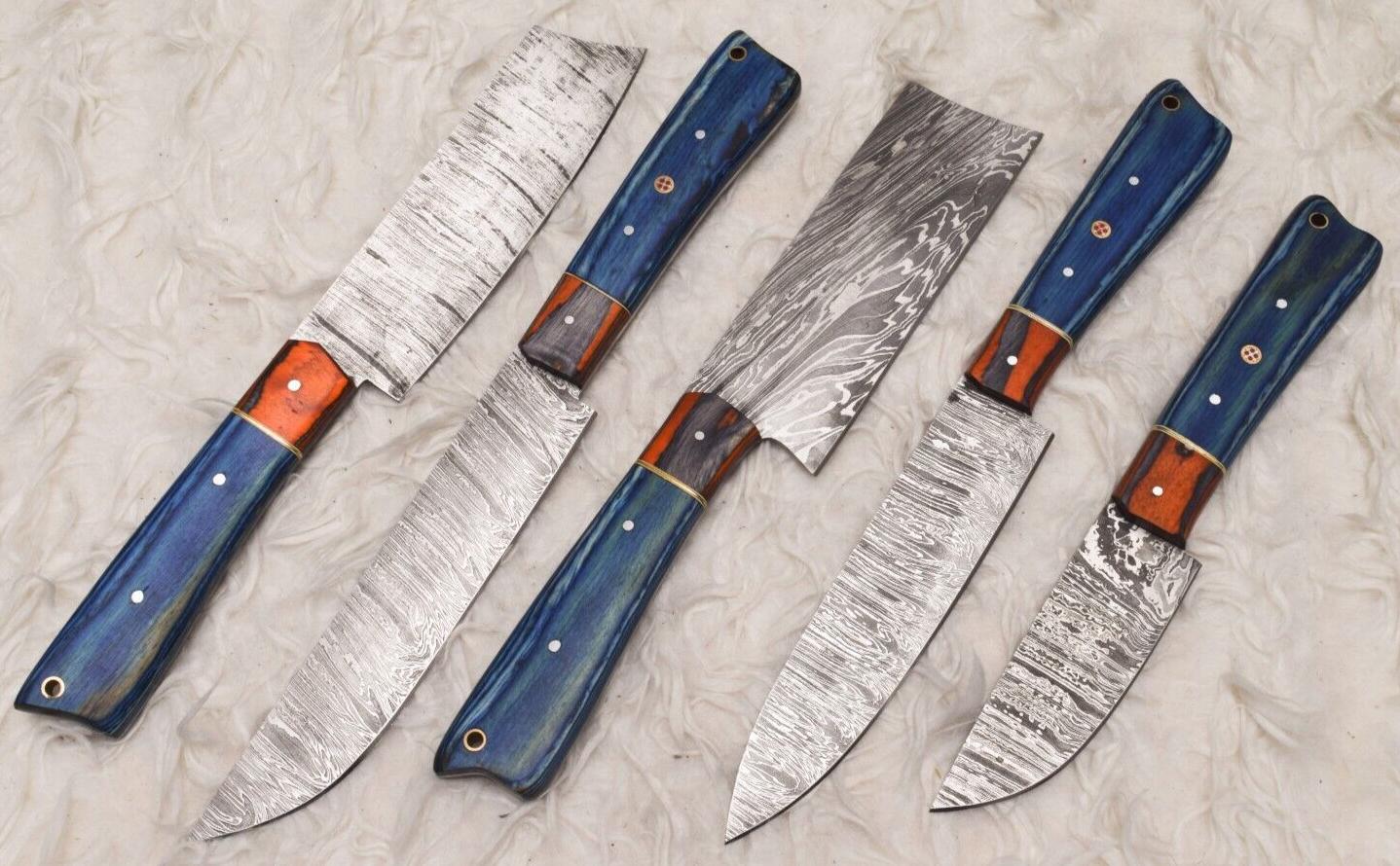 Damascus Steel 5 Pcs Chef Knife Set  Handmade Wood Handle Kitchen Knives 2