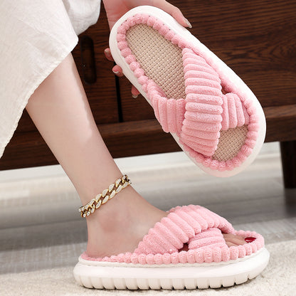Women Autumn Winter Home Slippers OpenToe Cross Band Linen Soled Indoor Slides NonSlip Bathroom Sli 8
