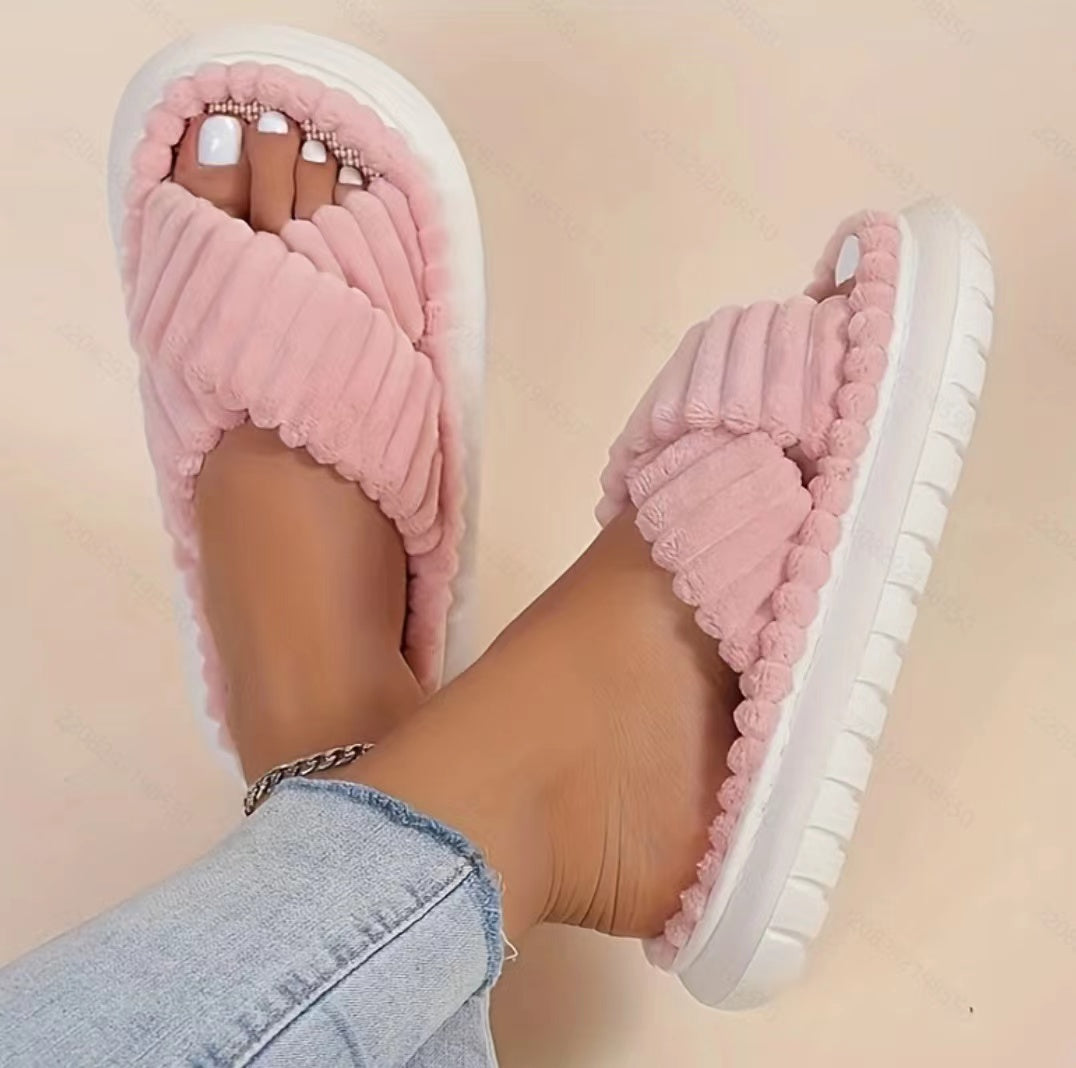 Women Autumn Winter Home Slippers Open-Toe Cross Band Linen Soled Indoor Slides Non-Slip Bathroom Slippers