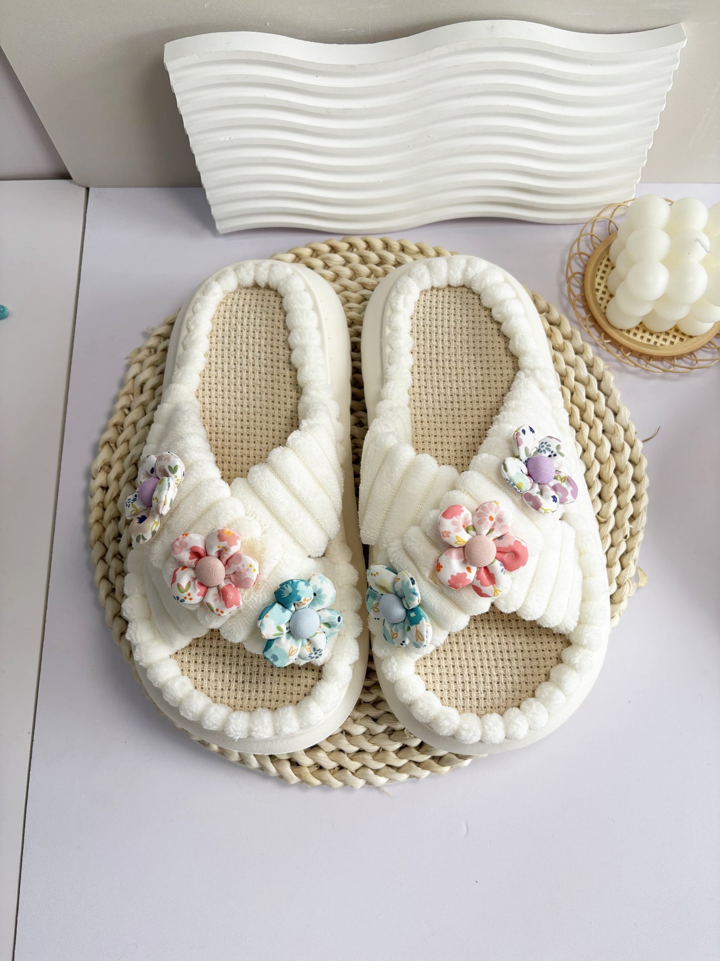Women Autumn Winter Home Slippers Open-Toe Cross Band Linen Soled Indoor Slides Non-Slip Bathroom Slippers