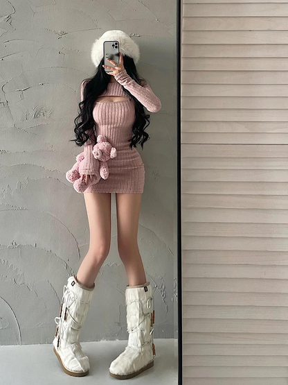 WOMENGAGA Sexy Hollow Out Dress, Long Sleeve Bodycon, Zipper Detail Knitted Sweater Dress, Elegant Korean Fashion