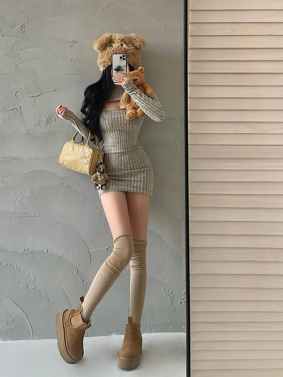 WOMENGAGA Sexy Hollow Out Dress, Long Sleeve Bodycon, Zipper Detail Knitted Sweater Dress, Elegant Korean Fashion