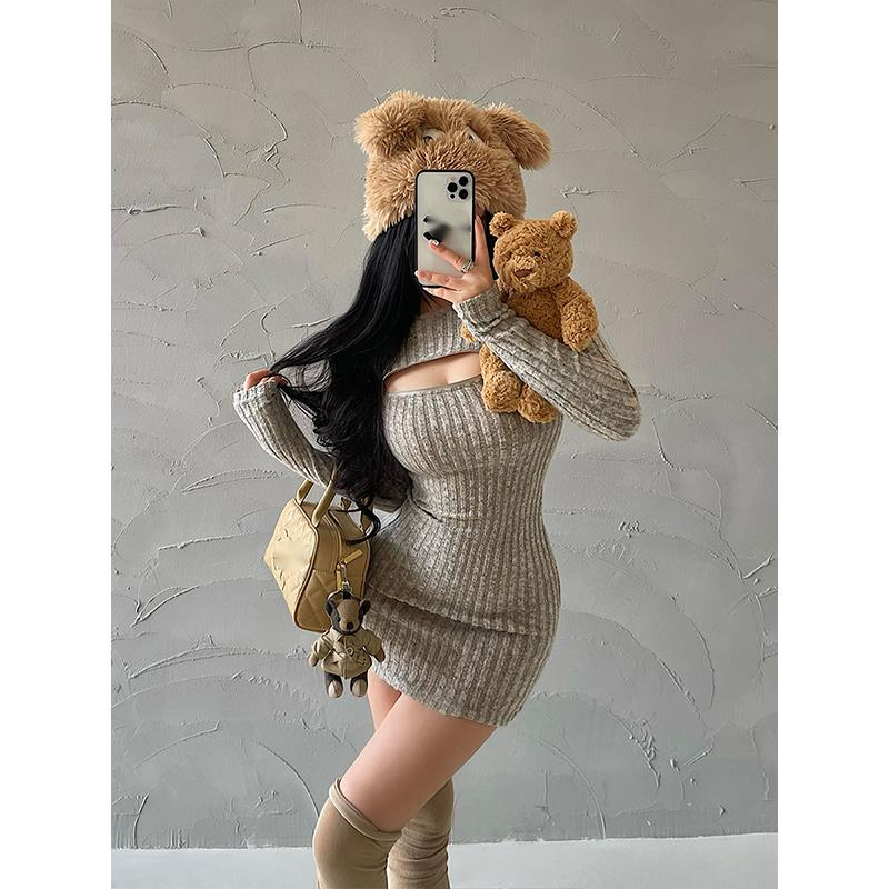 WOMENGAGA Sexy Hollow Out Dress, Long Sleeve Bodycon, Zipper Detail Knitted Sweater Dress, Elegant Korean Fashion