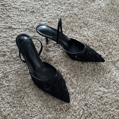 Elegant Pointed Slingback Women Sandals Luxury Brand High Heels Mesh Embroider Party Wedding Bridal Dress Shoes
