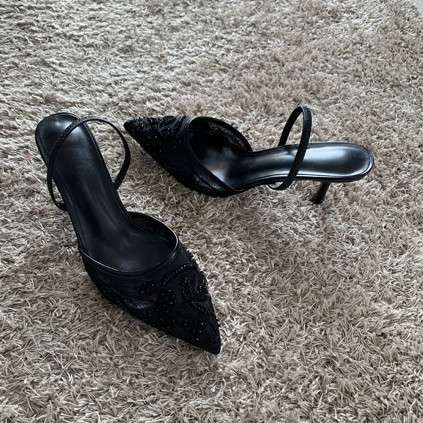 Elegant Pointed Slingback Women Sandals Luxury Brand High Heels Mesh Embroider Party Wedding Bridal 3