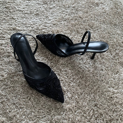 Elegant Pointed Slingback Women Sandals Luxury Brand High Heels Mesh Embroider Party Wedding Bridal 3