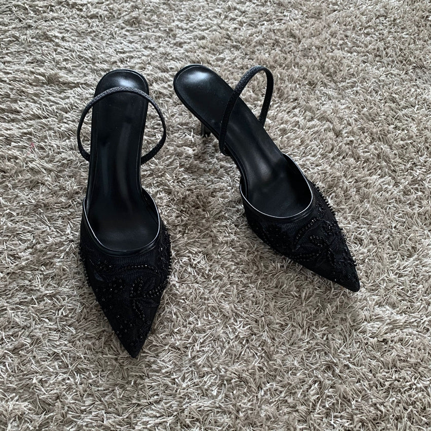 Elegant Pointed Slingback Women Sandals Luxury Brand High Heels Mesh Embroider Party Wedding Bridal 4