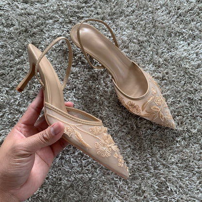 Elegant Pointed Slingback Women Sandals Luxury Brand High Heels Mesh Embroider Party Wedding Bridal 5