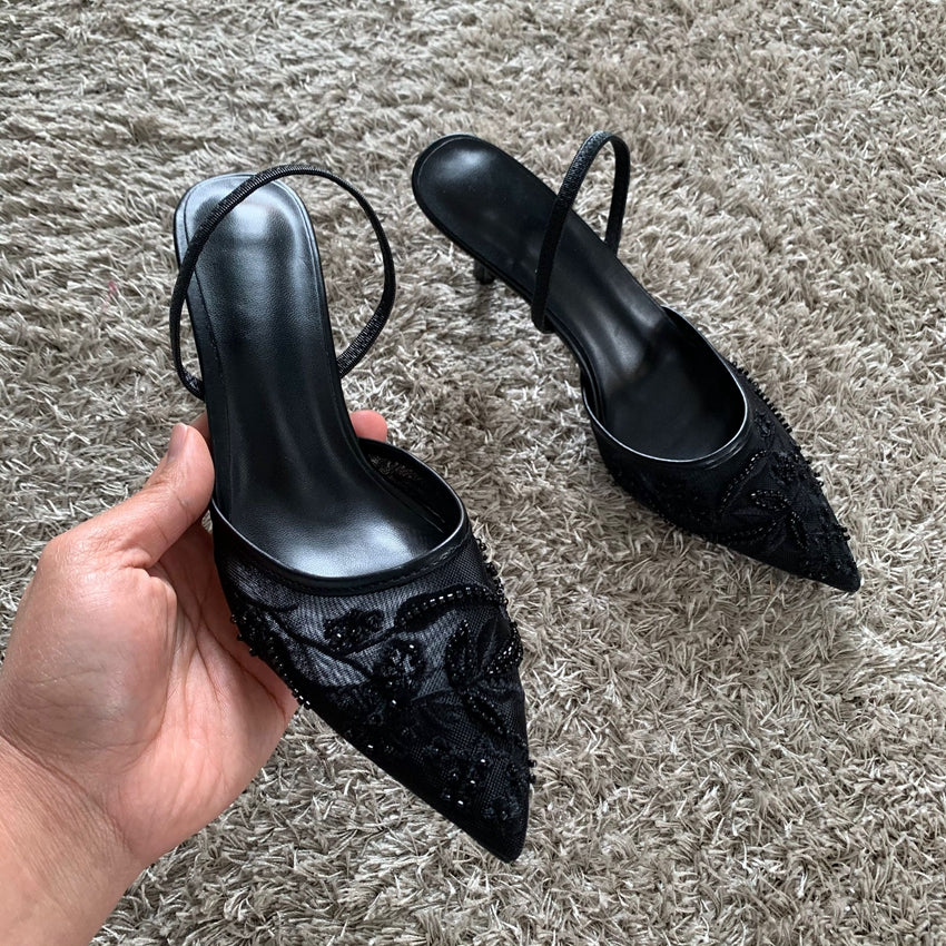 Elegant Pointed Slingback Women Sandals Luxury Brand High Heels Mesh Embroider Party Wedding Bridal 6