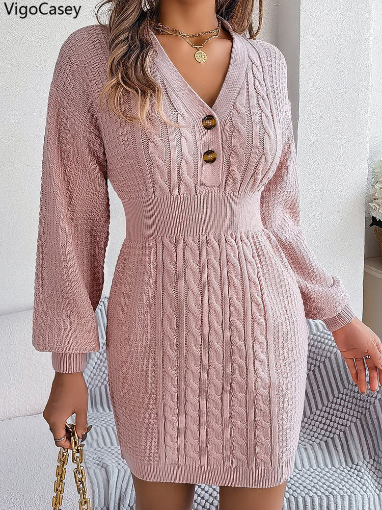 Womens Knit Dress, Autumn Winter Casual Long Sleeve Bodycon, V Neck Knitted Short Dress