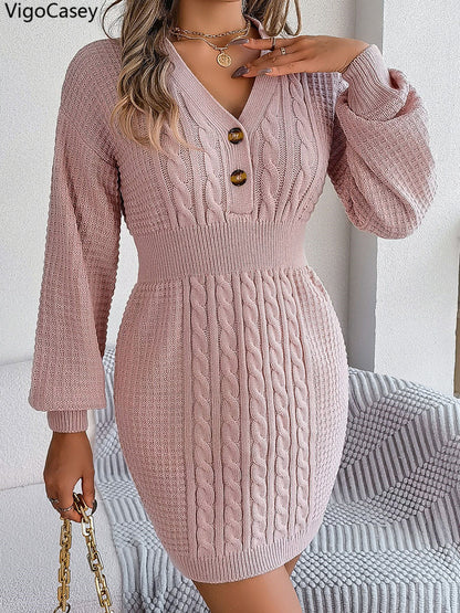 Womens Knit Dress, Autumn Winter Casual Long Sleeve Bodycon, V Neck Knitted Short Dress