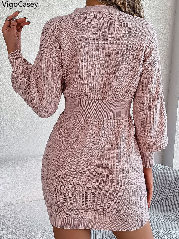 Womens Knit Dress, Autumn Winter Casual Long Sleeve Bodycon, V Neck Knitted Short Dress