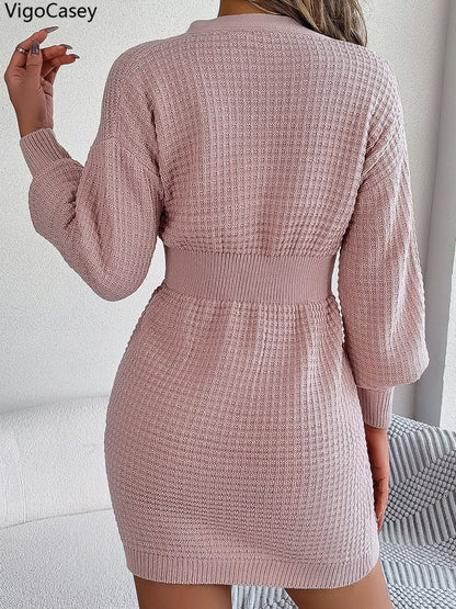 Womens Knit Dress, Autumn Winter Casual Long Sleeve Bodycon, V Neck Knitted Short Dress