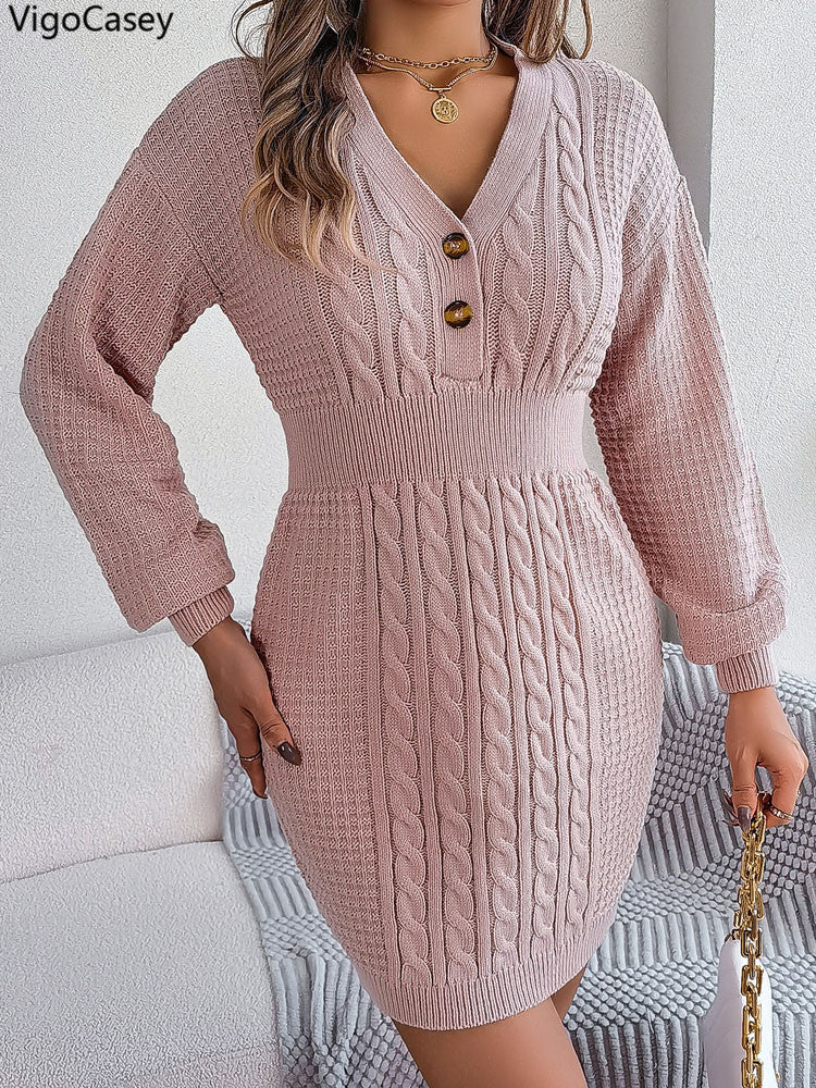 Womens Knit Dress, Autumn Winter Casual Long Sleeve Bodycon, V Neck Knitted Short Dress