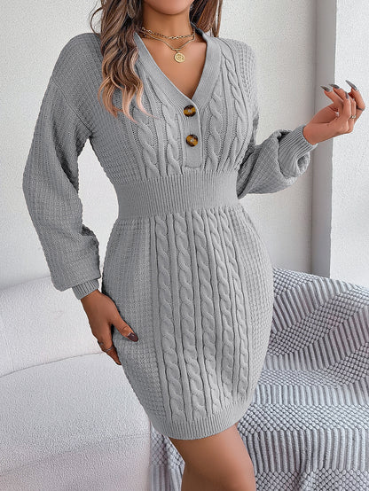 Womens Knit Dress, Autumn Winter Casual Long Sleeve Bodycon, V Neck Knitted Short Dress