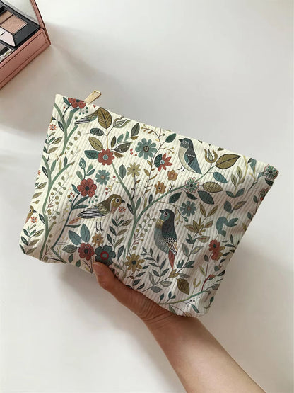 Branch Bird Corduroy Makeup Bag  Lightweight Multifunctional Cosmetic  Travel Pouch 1