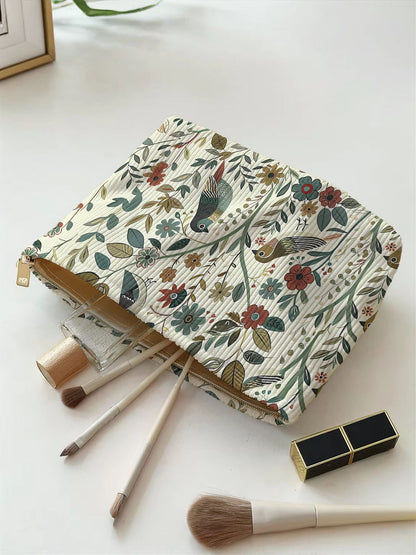 Branch Bird Corduroy Makeup Bag  Lightweight Multifunctional Cosmetic  Travel Pouch 3