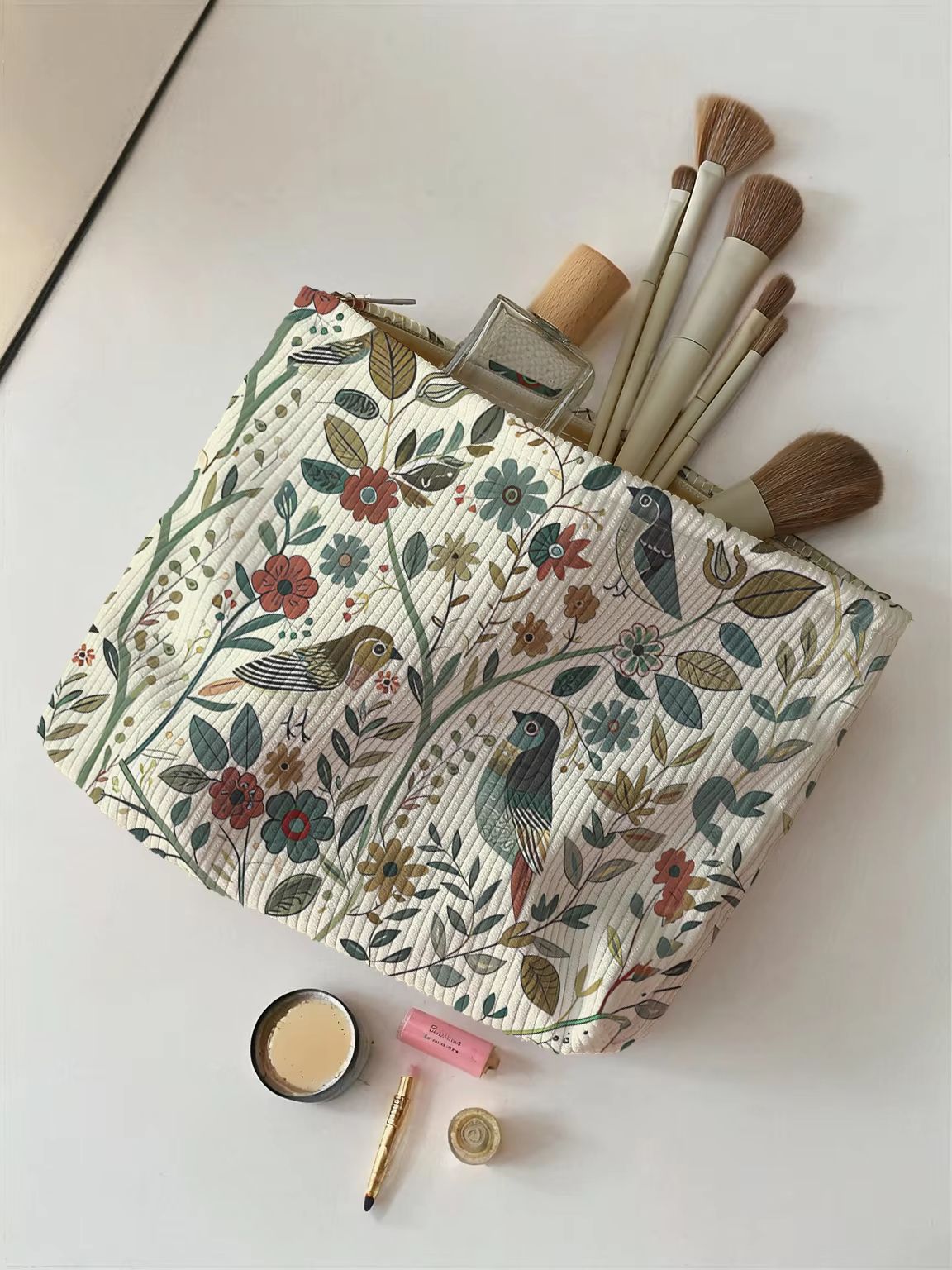 Branch Bird Corduroy Makeup Bag  Lightweight Multifunctional Cosmetic  Travel Pouch 4