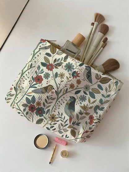 Branch Bird Corduroy Makeup Bag  Lightweight Multifunctional Cosmetic  Travel Pouch 4