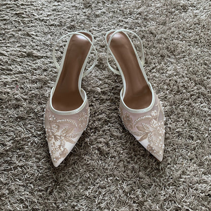 Summer Mesh Embroidered Thin High Heels Sandals Women Sexy Slingback Pointed Toe Pumps Elegant Dress Shoes Sandal