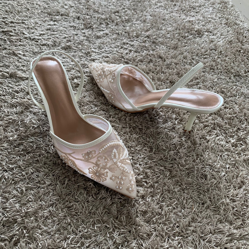 Summer Mesh Embroidered Thin High Heels Sandals Women Sexy Slingback Pointed Toe Pumps Elegant Dress Shoes Sandal