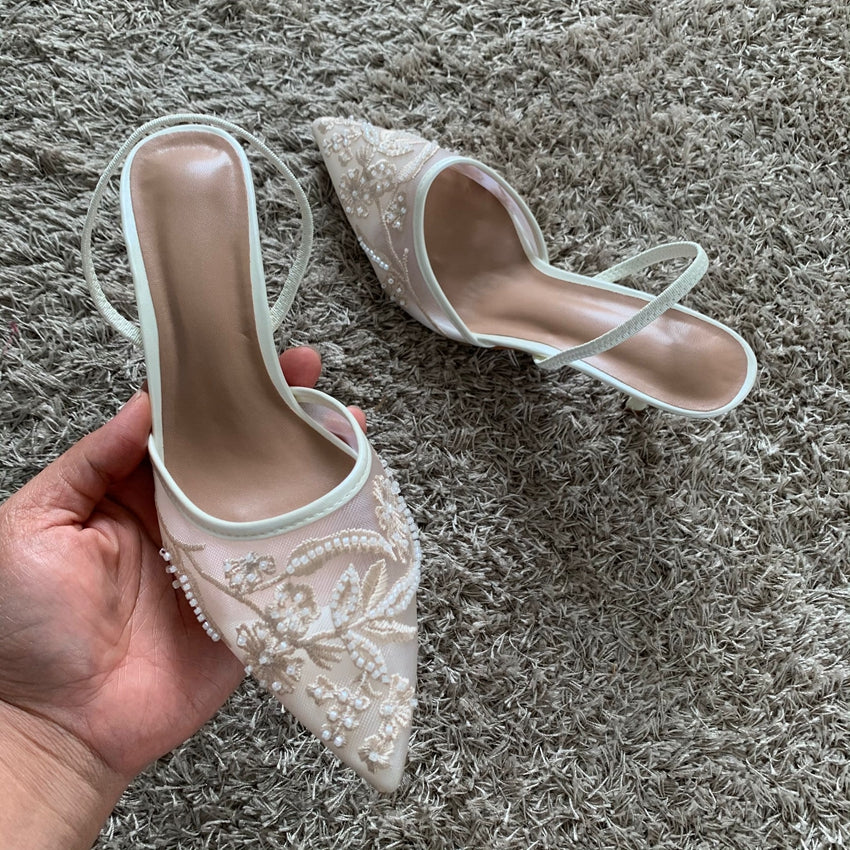 Summer Mesh Embroidered Thin High Heels Sandals Women Sexy Slingback Pointed Toe Pumps Elegant Dress Shoes Sandal