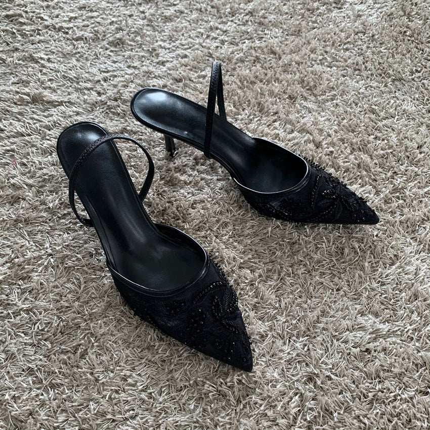 Summer Mesh Embroidered Thin High Heels Sandals Women Sexy Slingback Pointed Toe Pumps Elegant Dress Shoes Sandal