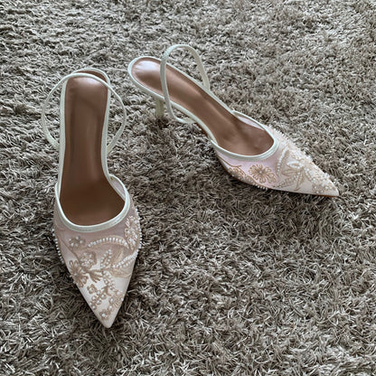 Summer Mesh Embroidered Thin High Heels Sandals Women Sexy Slingback Pointed Toe Pumps Elegant Dress Shoes Sandal