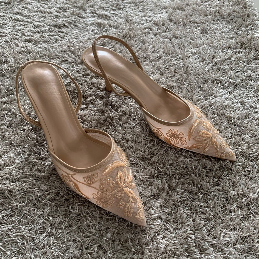 Womens Mesh Embroidered Fashion Sandals with String Bead High Heels Mules Pointed Toe Slingback Slippers