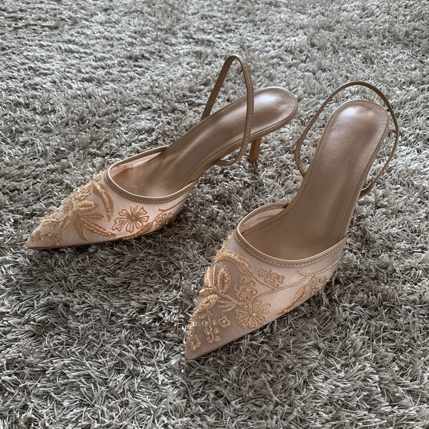 Womens Mesh Embroidered Fashion Sandals with String Bead High Heels Mules Pointed Toe Slingback Slippers