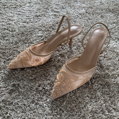 Womens Mesh Embroidered Fashion Sandals with String Bead High Heels Mules Pointed Toe Slingback Slippers