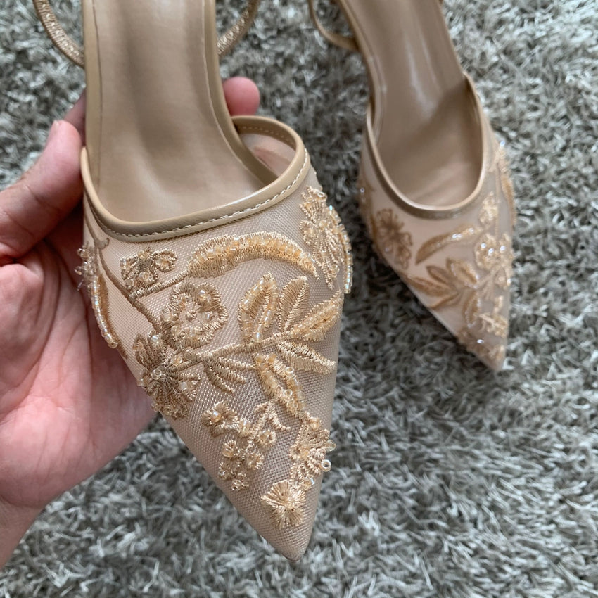 Womens Mesh Embroidered Fashion Sandals with String Bead High Heels Mules Pointed Toe Slingback Slippers