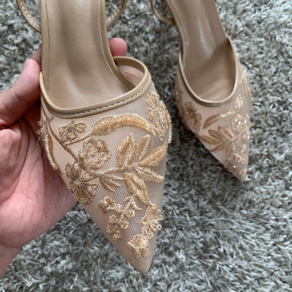 Womens Mesh Embroidered Fashion Sandals with String Bead High Heels Mules Pointed Toe Slingback Slippers