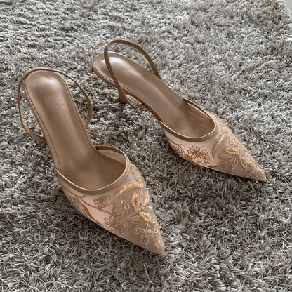 Womens Mesh Embroidered Fashion Sandals with String Bead High Heels Mules Pointed Toe Slingback Slippers