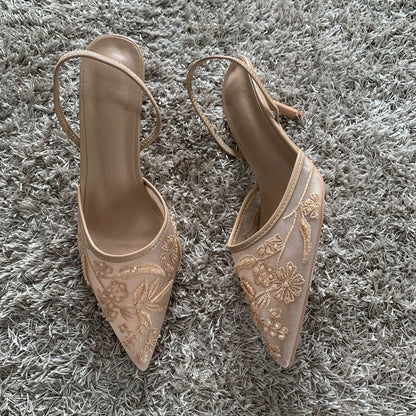 Womens Mesh Embroidered Fashion Sandals with String Bead High Heels Mules Pointed Toe Slingback Slippers