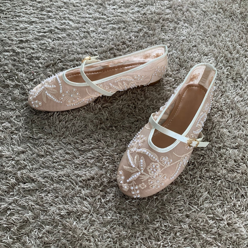 Women Mesh Embroidery Ballet Flats with String Beads, Buckle Strap Mary Jane Shoes, Breathable Comfort Low Heel Flat