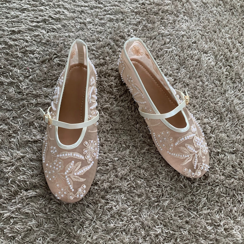 Women Mesh Embroidery Ballet Flats With String Beads Buckle Strap Mary Jane Shoes Breathable Comfor