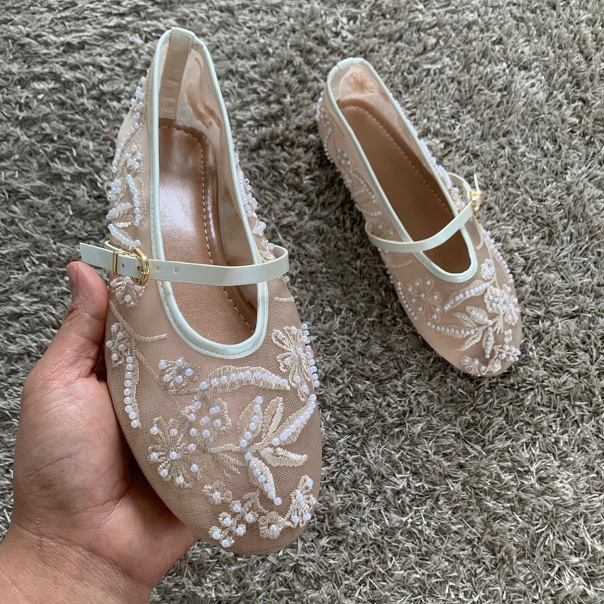 Women Mesh Embroidery Ballet Flats With String Beads Buckle Strap Mary Jane Shoes Breathable Comfor