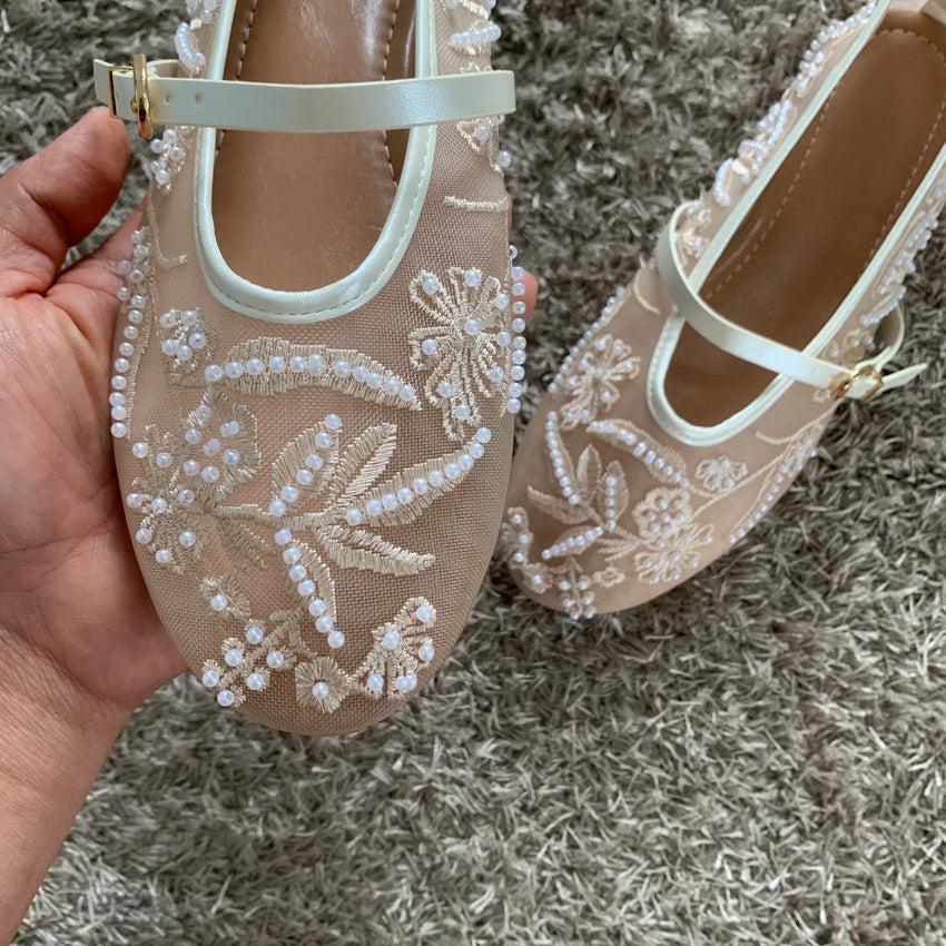 Women Mesh Embroidery Ballet Flats With String Beads Buckle Strap Mary Jane Shoes Breathable Comfor