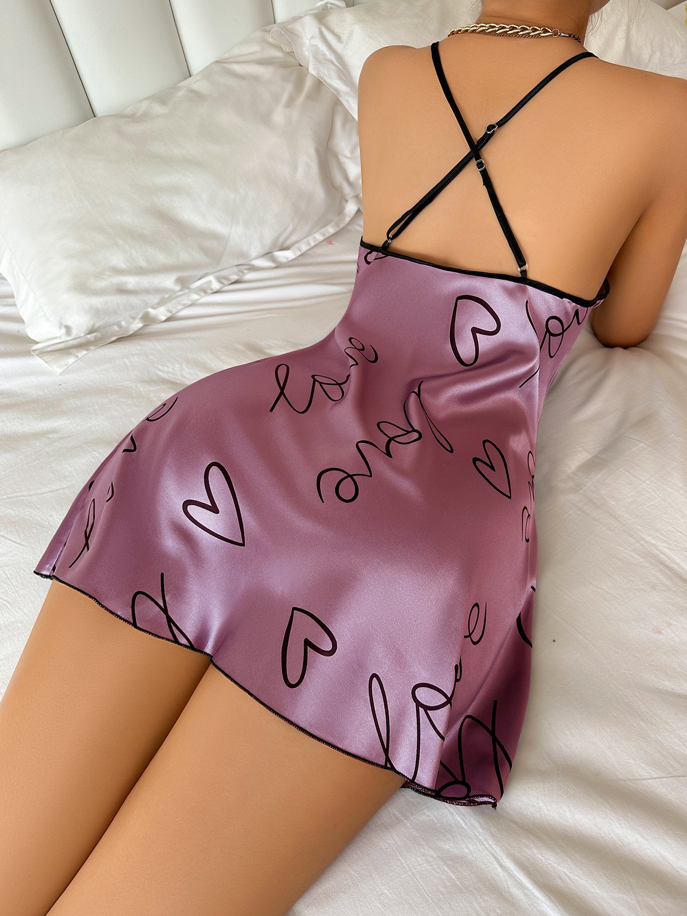 Ultra-Soft Sleep Dress for Women, Casual Heart Letter Print Nightdress with Spaghetti Straps
