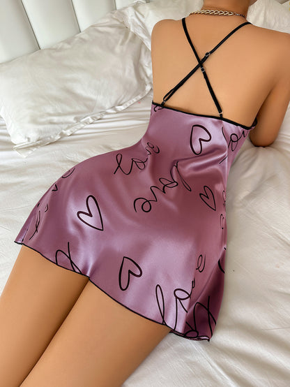 Ultra-Soft Sleep Dress for Women, Casual Heart Letter Print Nightdress with Spaghetti Straps