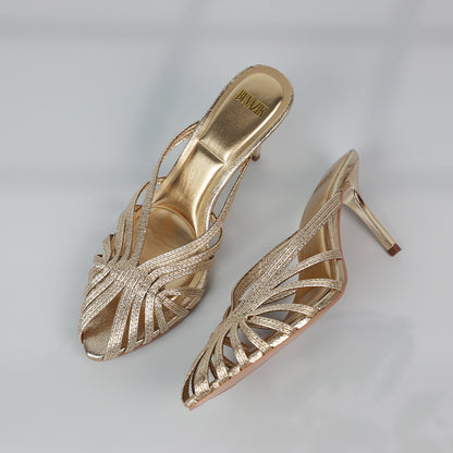 Luxury New Gold Hollow Thin Strip Heels Women Pointed Toe Mules Office Lady Pumps Summer Stiletto Sandals Elegant Party