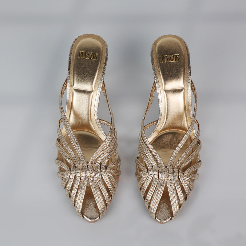 Luxury New Gold Hollow Thin Strip Heels Women Pointed Toe Mules Office Lady Pumps Summer Stiletto S 2