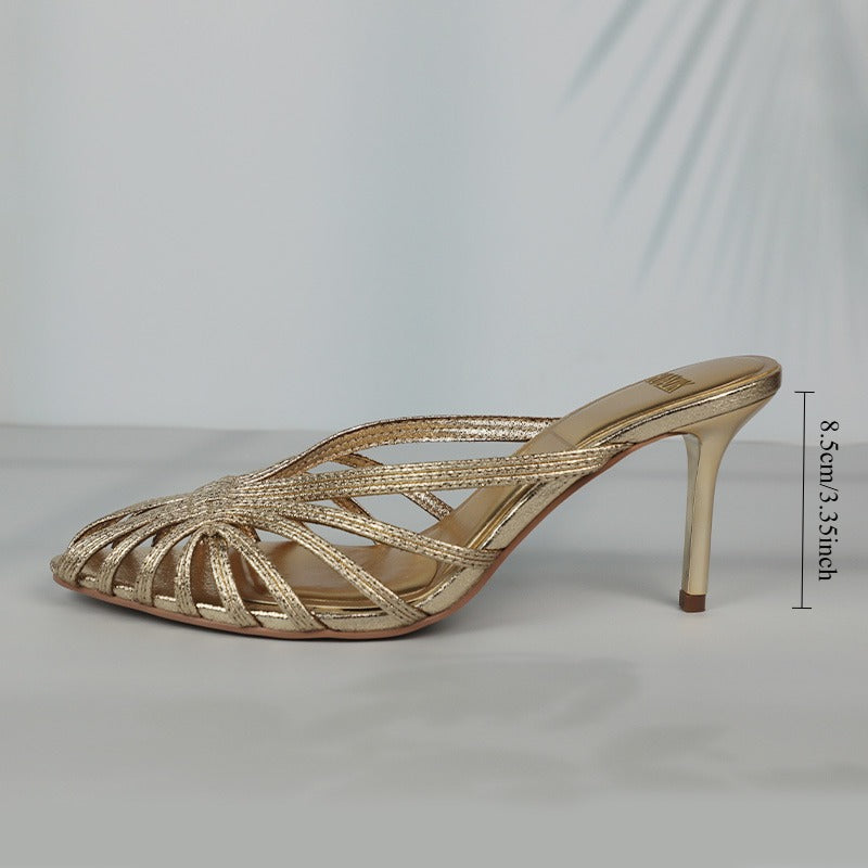 Luxury New Gold Hollow Thin Strip Heels Women Pointed Toe Mules Office Lady Pumps Summer Stiletto S 5